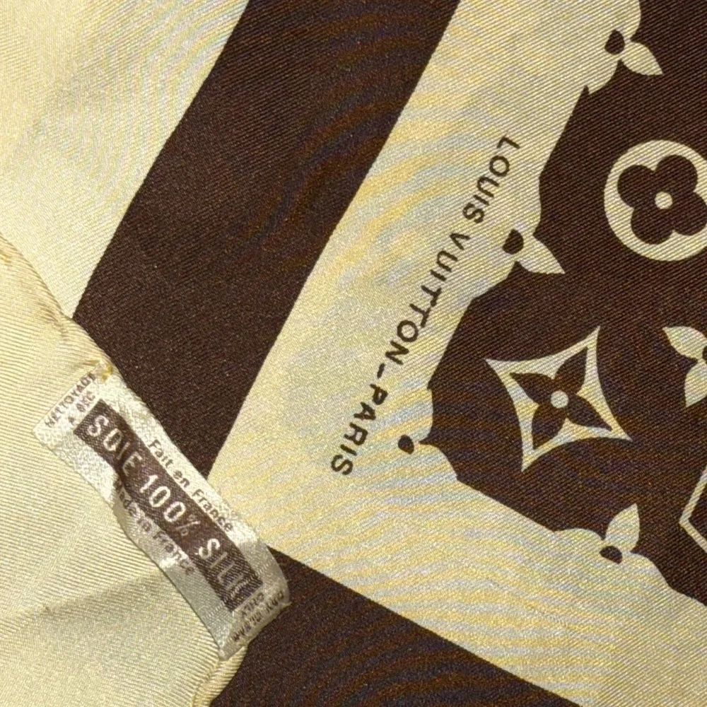 RARE VINTAGE LOUIS VUITTON Brown and Beige LV Monogram Silk Scarf - Picture 5 of 8